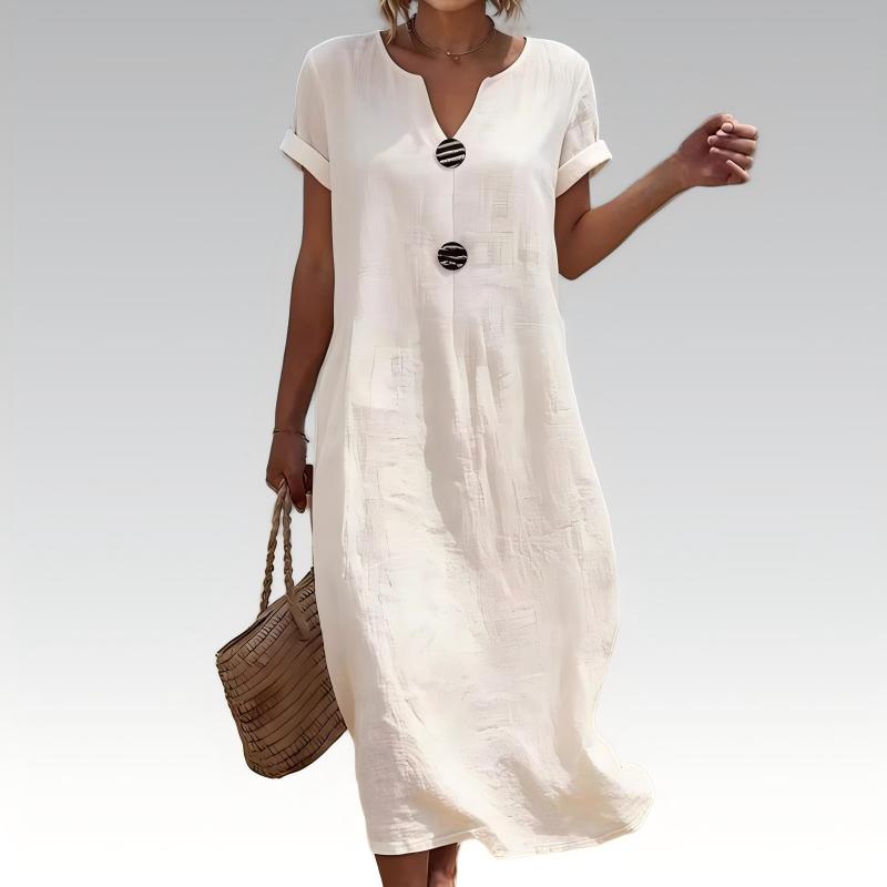 🌿 Summer Midi Dress with V-Neck & Decorative Buttons – Light Linen Material, Short Flared Sleeves – Simple Elegance for the Woman with Taste ✨