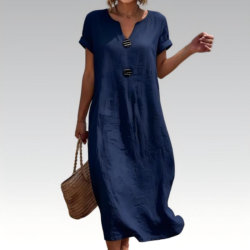 🌿 Summer Midi Dress with V-Neck & Decorative Buttons – Light Linen Material, Short Flared Sleeves – Simple Elegance for the Woman with Taste ✨