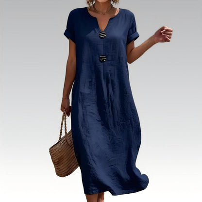 🌿 Summer Midi Dress with V-Neck & Decorative Buttons – Light Linen Material, Short Flared Sleeves – Simple Elegance for the Woman with Taste ✨
