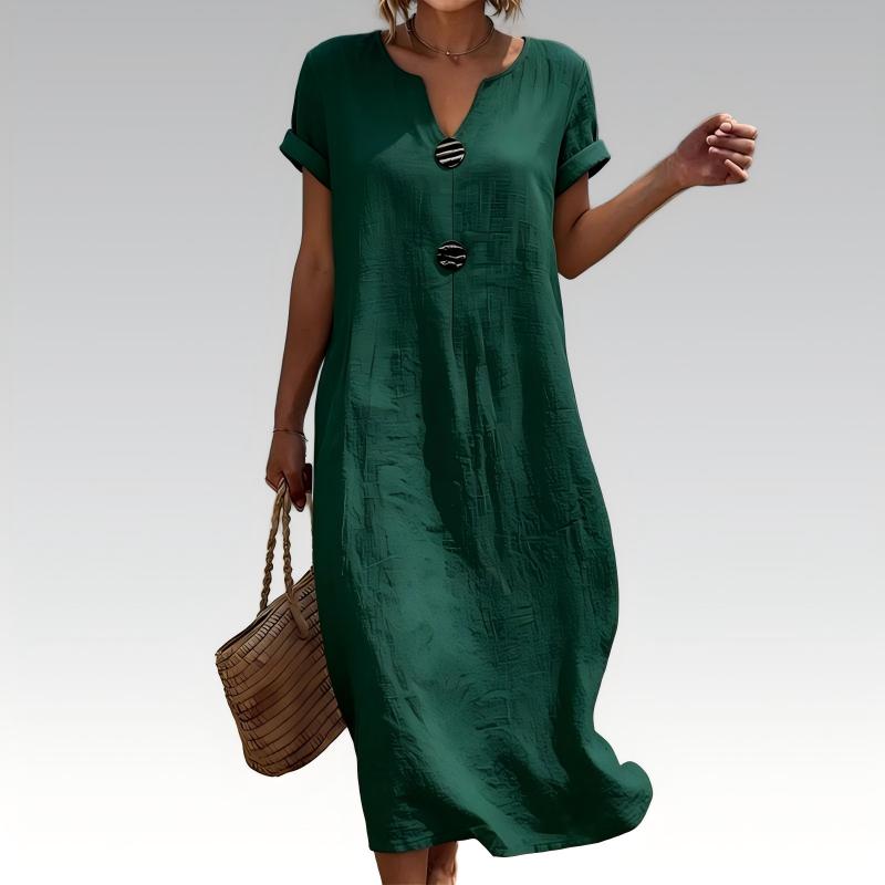 🌿 Summer Midi Dress with V-Neck & Decorative Buttons – Light Linen Material, Short Flared Sleeves – Simple Elegance for the Woman with Taste ✨