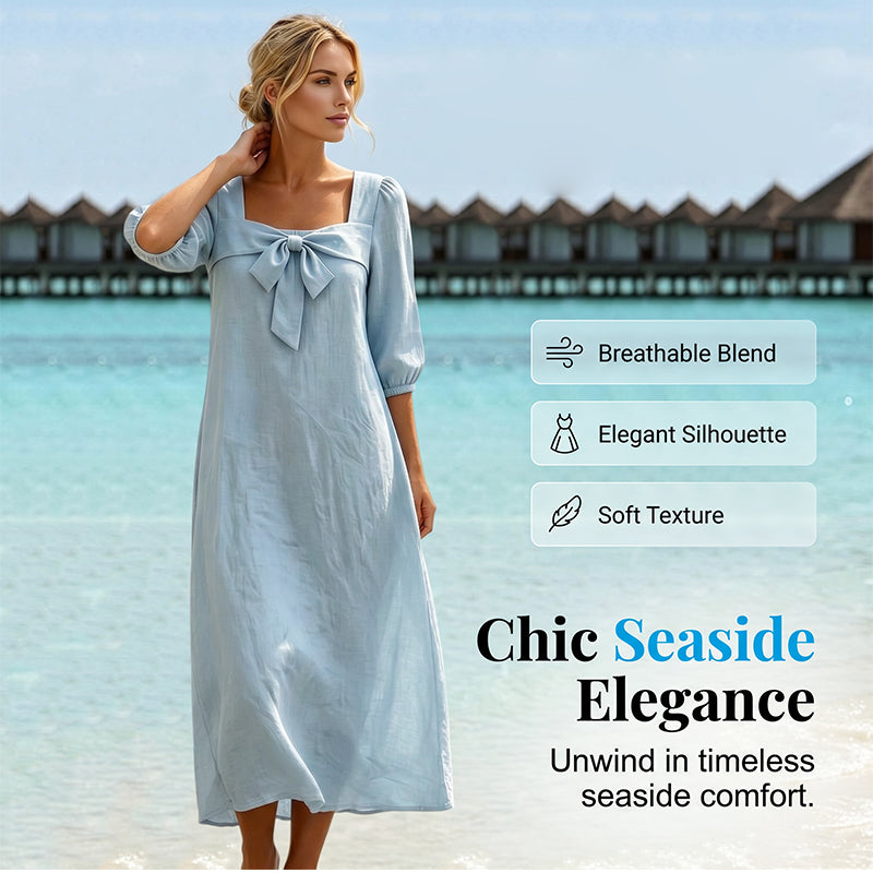 ⌛Limited-Time Offer-Casual Solid Color Midi Dress with Elegant Bowknot and Square Neck