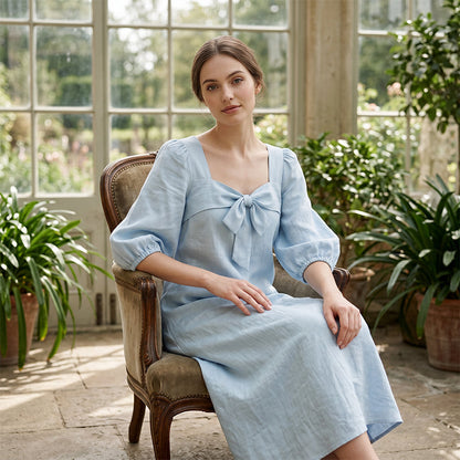 ⌛Limited-Time Offer-Casual Solid Color Midi Dress with Elegant Bowknot and Square Neck