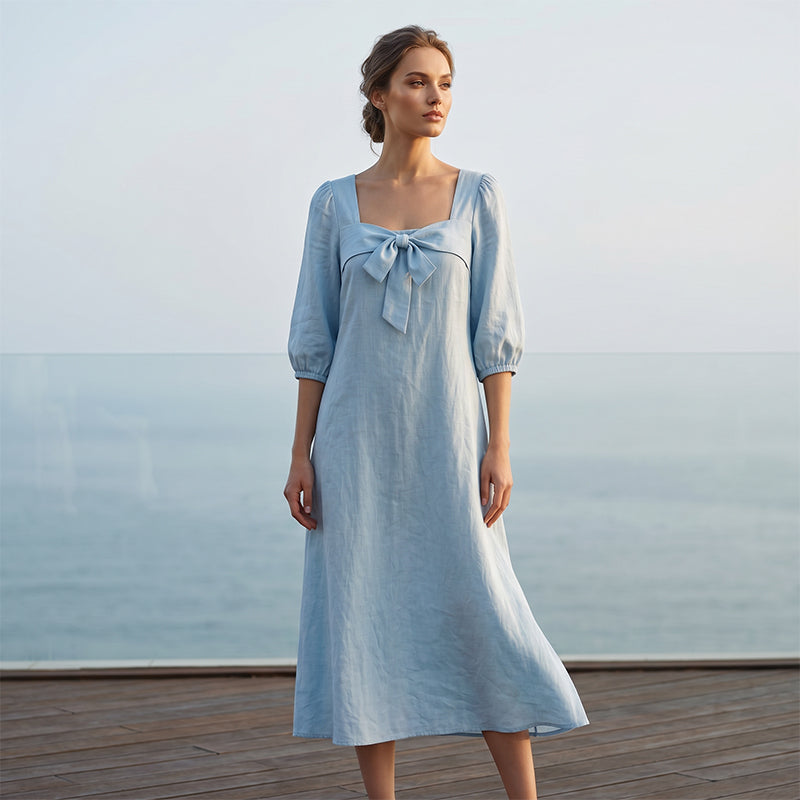 ⌛Limited-Time Offer-Casual Solid Color Midi Dress with Elegant Bowknot and Square Neck