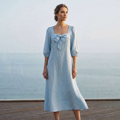 ⌛Limited-Time Offer-Casual Solid Color Midi Dress with Elegant Bowknot and Square Neck