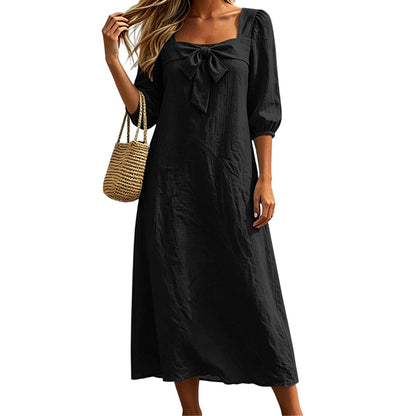 ⌛Limited-Time Offer-Casual Solid Color Midi Dress with Elegant Bowknot and Square Neck