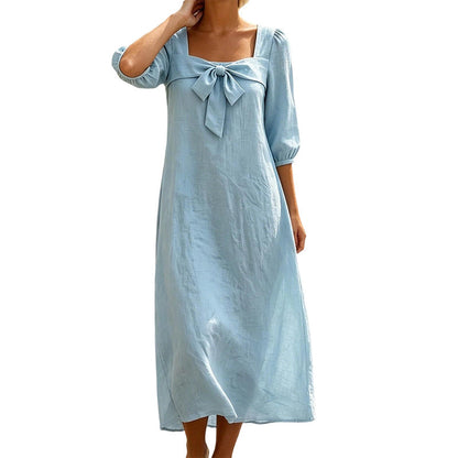 ⌛Limited-Time Offer-Casual Solid Color Midi Dress with Elegant Bowknot and Square Neck