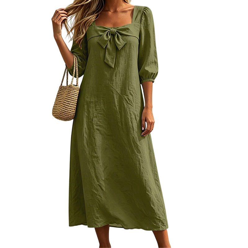 ⌛Limited-Time Offer-Casual Solid Color Midi Dress with Elegant Bowknot and Square Neck