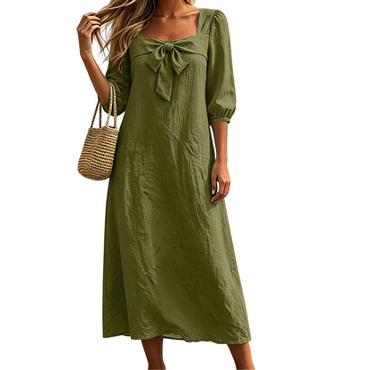 ⌛Limited-Time Offer-Casual Solid Color Midi Dress with Elegant Bowknot and Square Neck