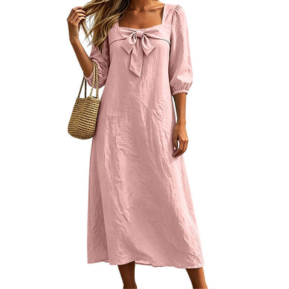 ⌛Limited-Time Offer-Casual Solid Color Midi Dress with Elegant Bowknot and Square Neck