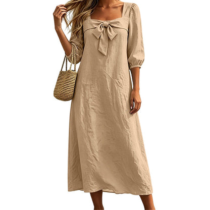 ⌛Limited-Time Offer-Casual Solid Color Midi Dress with Elegant Bowknot and Square Neck