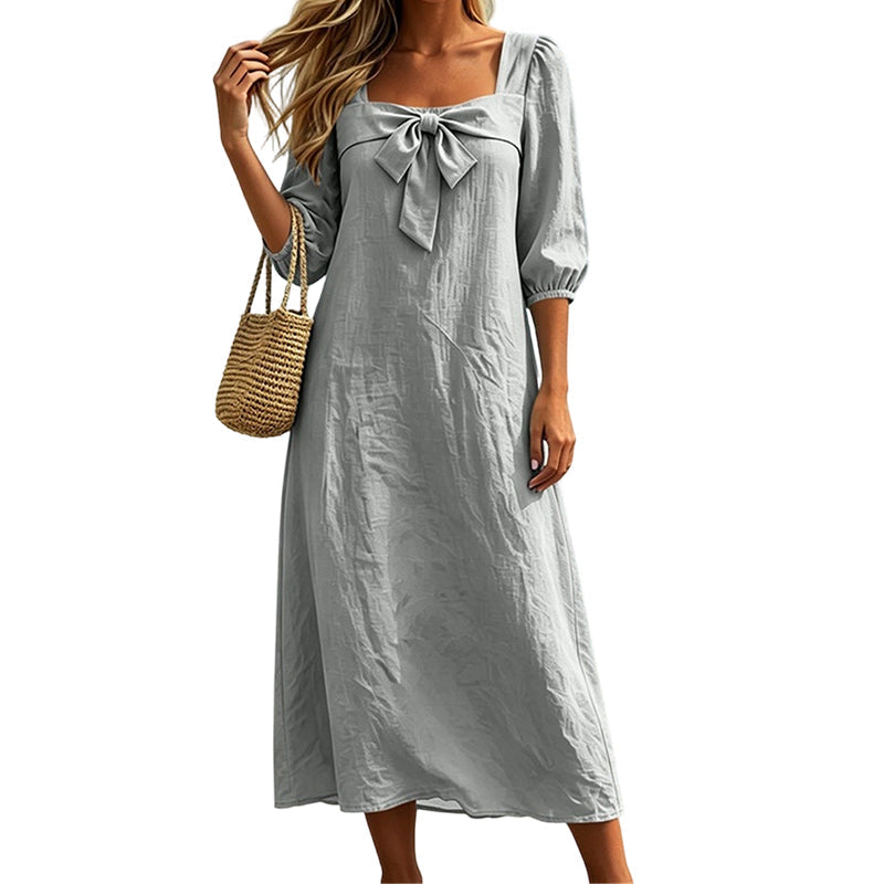 ⌛Limited-Time Offer-Casual Solid Color Midi Dress with Elegant Bowknot and Square Neck