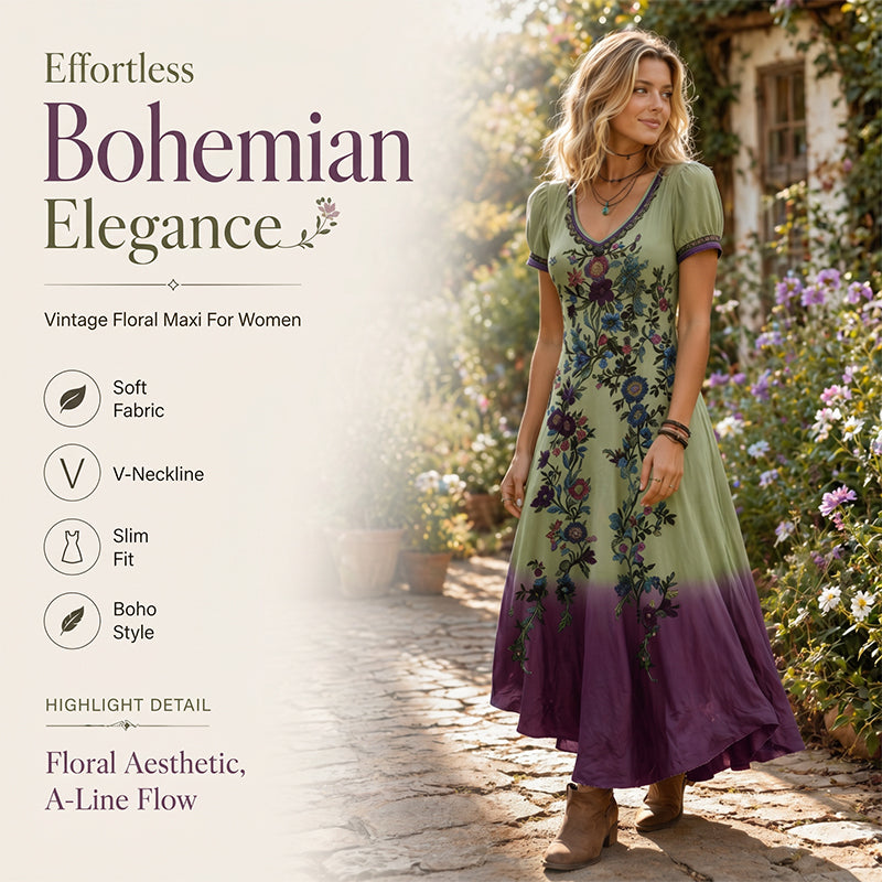 Women's Vintage V-Neck Floral Maxi Dress