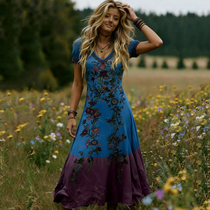 Women's Vintage V-Neck Floral Maxi Dress