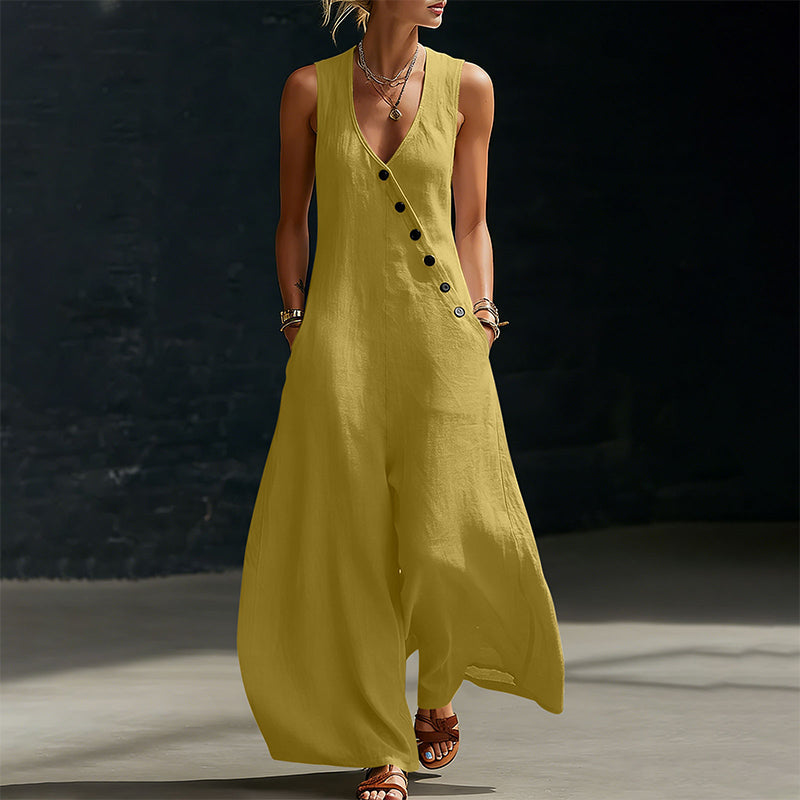 Women's Sleeveless V-Neck Jumpsuit with Pockets