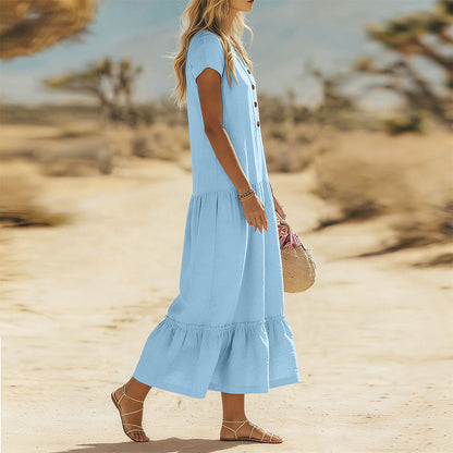 Women's Flowy Button V-Neck Maxi Dress