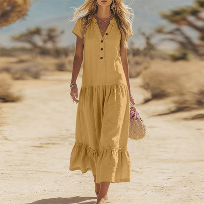 Women's Flowy Button V-Neck Maxi Dress