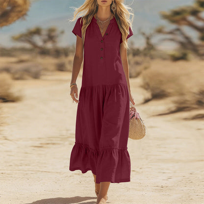 Women's Flowy Button V-Neck Maxi Dress