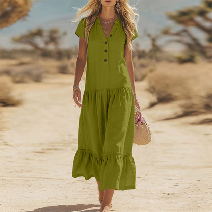 Women's Flowy Button V-Neck Maxi Dress
