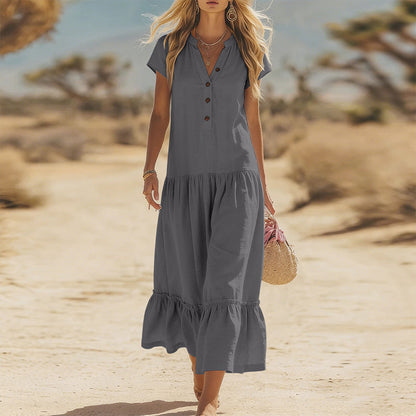 Women's Flowy Button V-Neck Maxi Dress