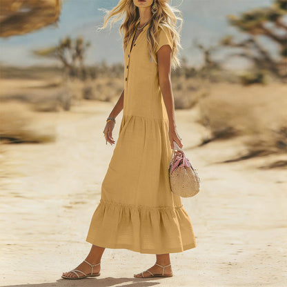 Women's Flowy Button V-Neck Maxi Dress