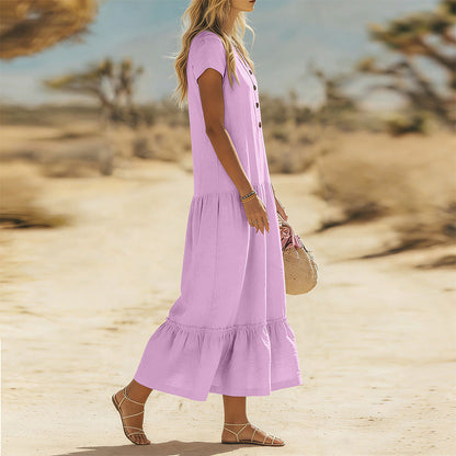 Women's Flowy Button V-Neck Maxi Dress