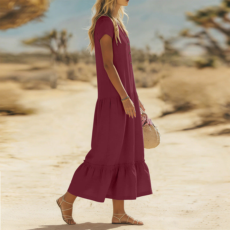 Women's Flowy Button V-Neck Maxi Dress