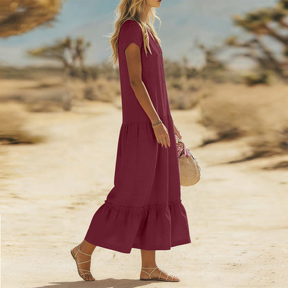 Women's Flowy Button V-Neck Maxi Dress