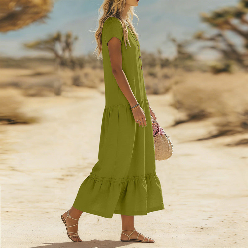 Women's Flowy Button V-Neck Maxi Dress