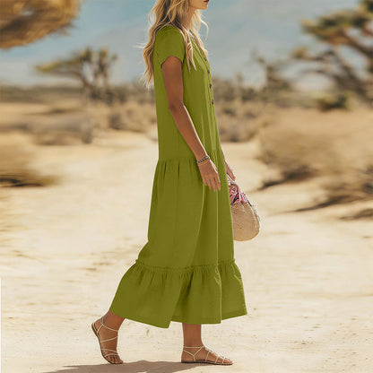 Women's Flowy Button V-Neck Maxi Dress