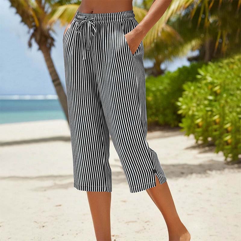Women's Striped Cotton Linen Capri Pants with Pockets