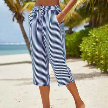 Women's Striped Cotton Linen Capri Pants with Pockets