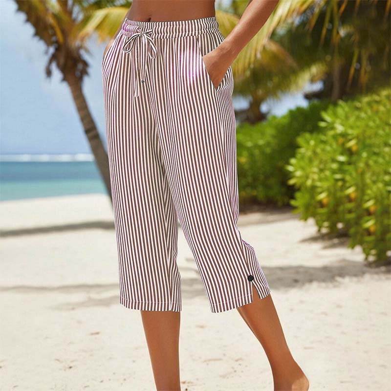 Women's Striped Cotton Linen Capri Pants with Pockets