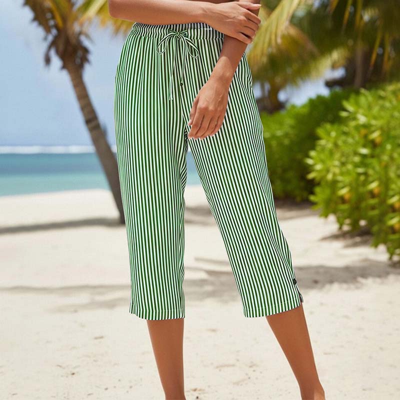 Women's Striped Cotton Linen Capri Pants with Pockets
