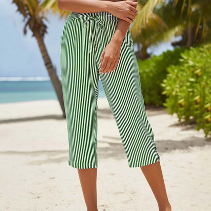 Women's Striped Cotton Linen Capri Pants with Pockets