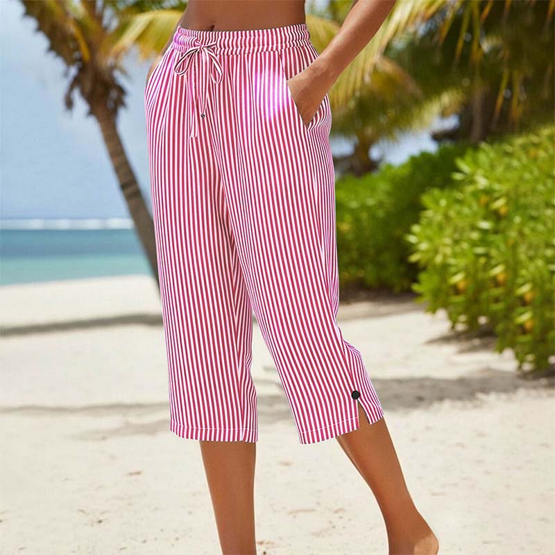 Women's Striped Cotton Linen Capri Pants with Pockets