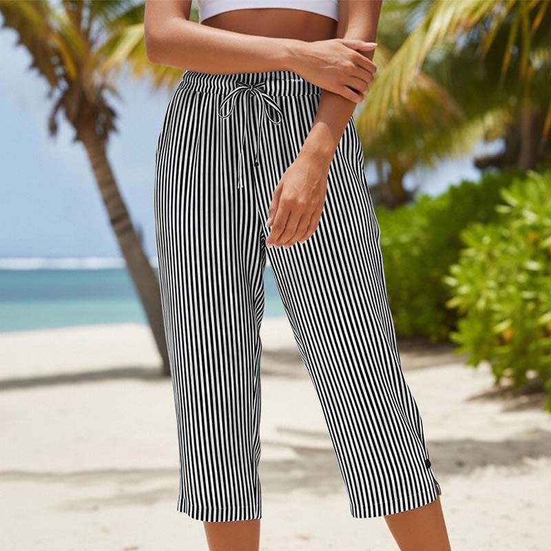 Women's Striped Cotton Linen Capri Pants with Pockets
