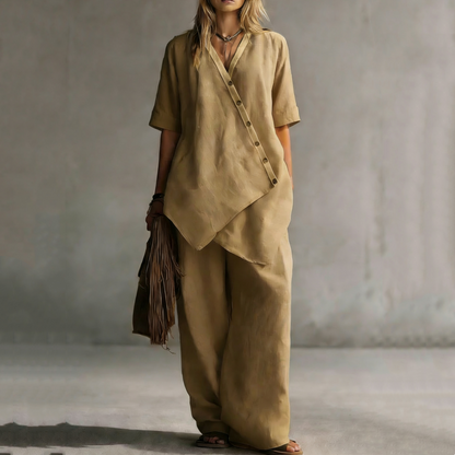 Women's Asymmetrical Top & Wide-Leg Pants Set