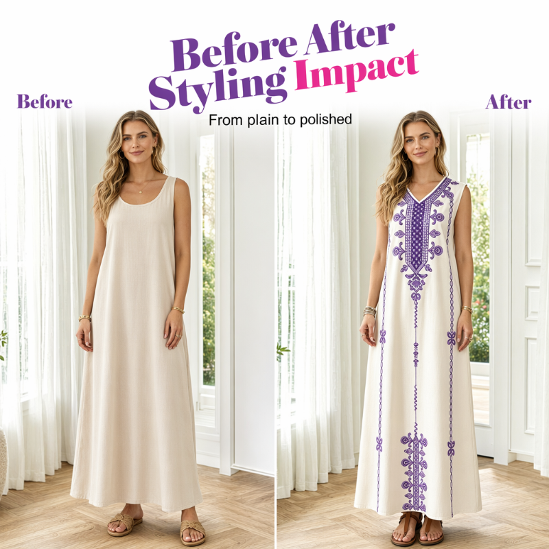 Flattering V-Neck Shape Flowing Dress