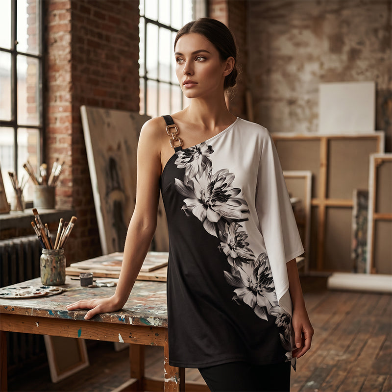 Women's One-Shoulder Asymmetrical Floral Print Dress