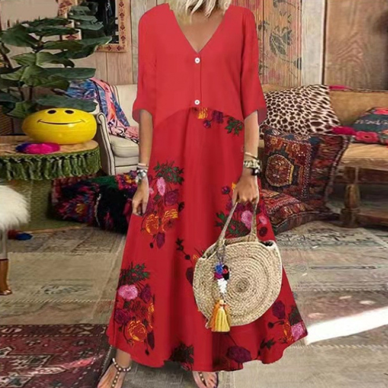 Women's Summer V-Neck Button-Up Maxi Dress