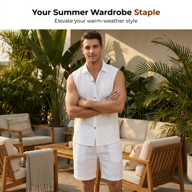 Men's Linen Sleeveless Shirt & Shorts Set