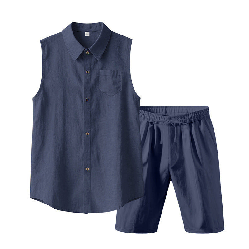 Men's Linen Sleeveless Shirt & Shorts Set