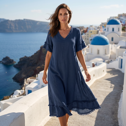 Women's V-Neck Tassel Loose-Fit Midi Dress