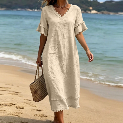 Women's V-Neck Tassel Loose-Fit Midi Dress