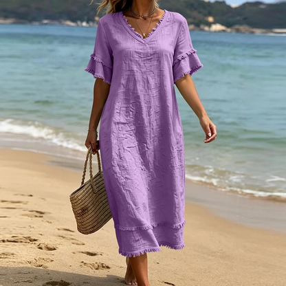 Women's V-Neck Tassel Loose-Fit Midi Dress
