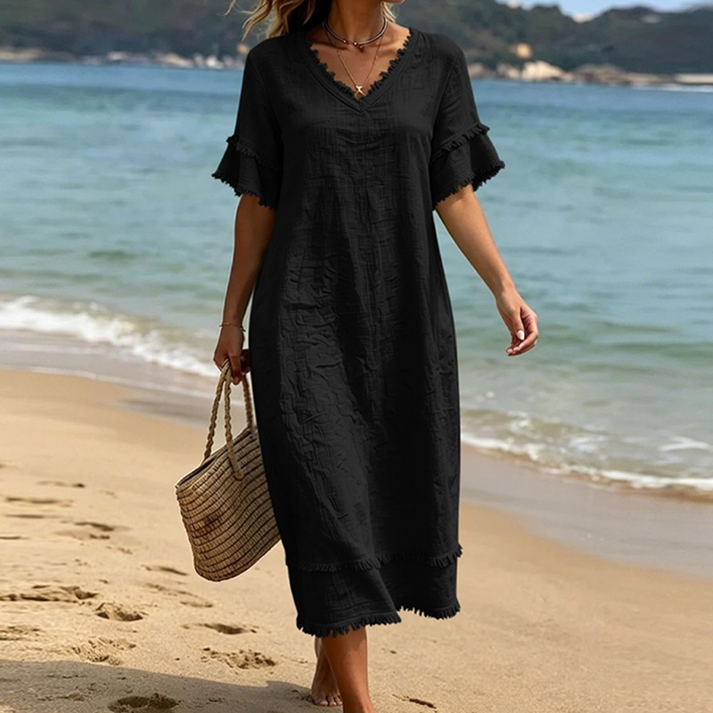 Women's V-Neck Tassel Loose-Fit Midi Dress