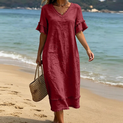 Women's V-Neck Tassel Loose-Fit Midi Dress