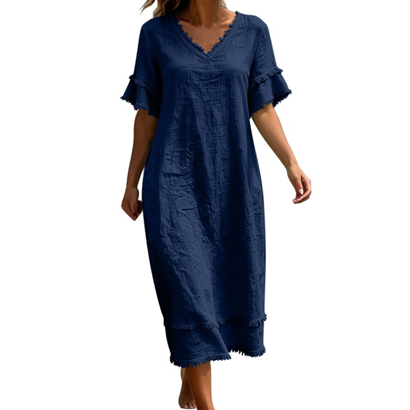 Women's V-Neck Tassel Loose-Fit Midi Dress