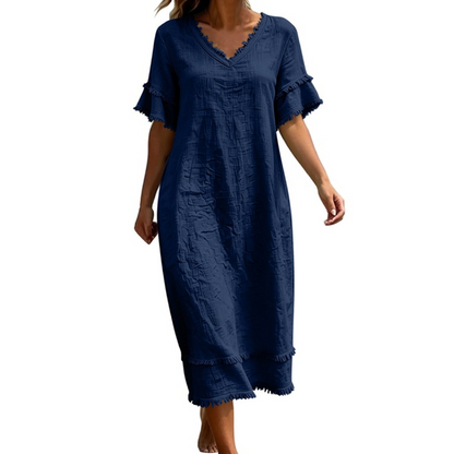 Women's V-Neck Tassel Loose-Fit Midi Dress