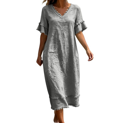 Women's V-Neck Tassel Loose-Fit Midi Dress